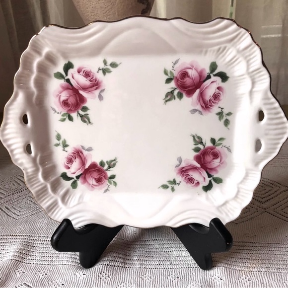 Golden Crown Small Serving Plate 9” Pink Roses E&R Germany Gold Trim Handles - Picture 3 of 10